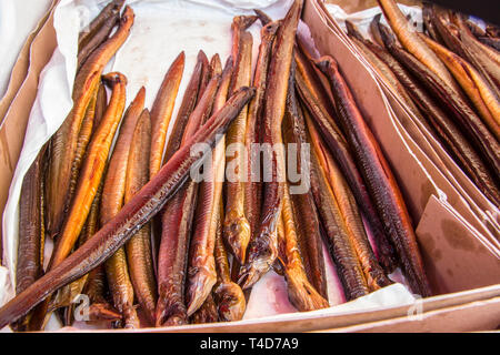 Vorbereitet und geräucherte Aale closeup in lokalen europäischen Fischmarkt in Den Haag, Niederlande Stockfoto