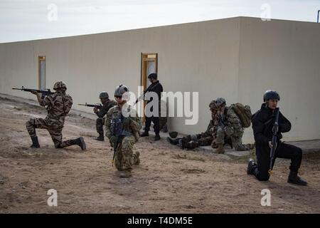 Mitglieder der 1. Staffel der US-Armee, 75. Kavallerie Regiments, 2nd Brigade Combat Team, Luftlandedivision; 2. den marokkanischen Special Operations Forces Airborne Brigade und der britischen Armee 4 Gewehre, Bravo Company, beginnen ein Zimmer - clearing Bohren während der US-Armee Afrika der kommandierende General Besuch im Bereich Ausbildung übung Teil der Übung afrikanischen Löwen 2019 in Tifnit, Marokko, 27. März 2019. Afrikanischer Löwe2019 ist eine Vorsitzende des Generalstabs - geförderte, US Africa Command - festgelegt, US Marine Corps Forces Europa und Afrika-led, gemeinsame und kombinierte Übung in der durchgeführt. Stockfoto