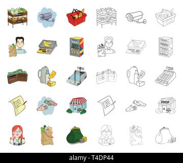Supermarkt und Ausrüstung Cartoon, umriss Symbole im Set Sammlung für Design. Kauf von Produkten vektor Symbol lieferbar Abbildung. Stock Vektor