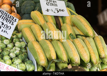 Maiskolben und Rosenkohl an einem in Seattle Pike Place Market Stall. Stockfoto