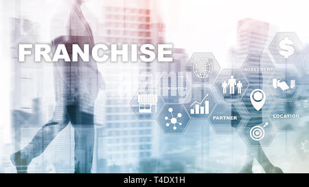 Franchise consept auf virtuellen Bildschirm. Marketing Branding im Einzelhandel und bei Unternehmen arbeiten Mission Konzept. Stockfoto