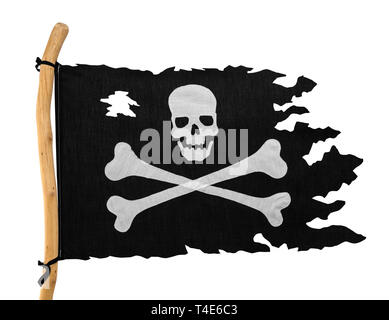 Zerrissen Piratenflagge isoliert auf weißem Hintergrund. Stockfoto