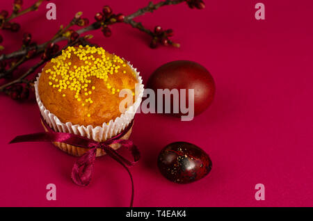 Ostern Muffin mit Schleife dekoriert und besprüht, gefärbte Eier und ein Zweig der Aprikosenbaum auf dunklem Rosa oder Pink Hintergrund. Kopieren Sie Platz. Greetin Stockfoto