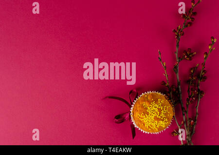 Ostern Muffin mit Schleife dekoriert und besprüht und ein Zweig der Aprikosenbaum auf dunklem Rosa oder Pink Hintergrund. Platz für Text. Grußkarte. Stockfoto