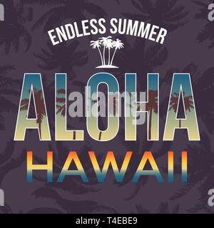 Hawaii Beach t-Print mit Palmen. T-shirt design Grafiken Stempel label Typografie. Vektor Stock Vektor