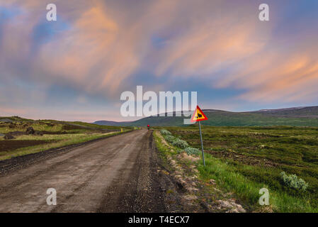 Schafe Schild auf der Schotterstraße neben Godafoss Wasserfall in Island Stockfoto