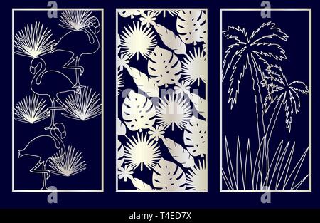 Satz von Dekoratives Laser Cut Panels mit monstera, Flamingo, Palme. Stock Vektor