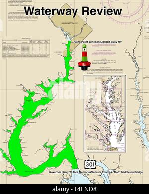 Eine grafische Darstellung, wo der U.S. Coast Guard Sektor Maryland-National Capital Region in Baltimore die Durchführung der Wasserstraßen Analyse und Management System auf dem Potomac River in den Monaten April bis Juni. Die Zone erstreckt sich von Norden der Gouverneur Harry W. Schön/Thomas "Mac" Middleton Brücke (Route 301) des Hains Punkt beleuchtet Boje HP. Stockfoto