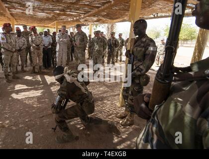 Us Marine Corps Gen. Thomas D. Waldhauser, Kommandeur der US Africa Command, Uhren eine Demonstration von einem Soldaten der Schnellen Intervention Bataillon, Elite des Djiboutian Armee militärische Kraft zugeordnet, während ein Besuch bei älteren Djiboutian Beamten einschließlich der Generalstabschef der Streitkräfte Dschibuti Gen. Zakaria Cheik Ibrahim, an einem Training Base in Dschibuti, 21. März 2019. Waldhauser besucht, um das Wachstum und die Entwicklung der Djiboutian Sicherheitskräfte zu diskutieren. Stockfoto