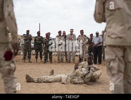 Us Marine Corps Gen. Thomas D. Waldhauser, Kommandeur der US Africa Command, Claps im Anschluss an eine Demonstration von Soldaten aus der Armee Djiboutian Elite militärische Kraft, die schnelle Intervention Bataillon, bei einem Besuch mit dem Senior Djiboutian Beamten einschließlich der Generalstabschef der Streitkräfte Dschibuti Zakaria Cheik Ibrahim, an einem Training Base in Dschibuti, 21. März 2019. Waldhauser besucht, um das Wachstum und die Entwicklung der Djiboutian Sicherheitskräfte zu diskutieren. Stockfoto