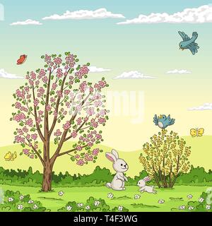 Frühling Landschaft mit Kaninchen. Hand zeichnen Vector Illustration. Stock Vektor