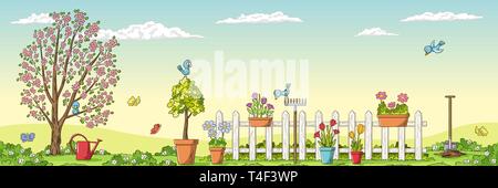 Panorama frühling landschaft mit Gartengeräte. Hand zeichnen Vector Illustration. Stock Vektor