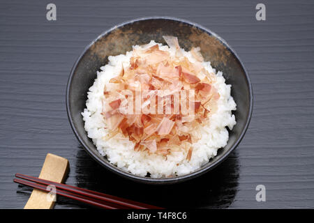 Japanische Katuobushi mit gekochtem Reis auf weißem Hintergrund Stockfoto