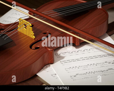 Nahaufnahme von Geige stehend auf Musik. 3D-Darstellung. Stockfoto