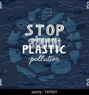 Umwelt banner plastik Müll Müll Unterwasserwelt in unserem Meer und Text stop Kunststoff Verschmutzung eingerichtet. Vektor Schriftzug Abbildung. Stock Vektor