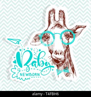 Angebot für Babyduschepartei mit hübschen giraffe Gesichts- Kopf auf Gläsern. Hübsche Banner. Stock Vektor