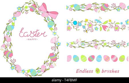 Frohe Ostern. Schriftzug. Blumen Kranz in der Form von Ei. 4 endlose floral Bürsten. Bunte Ostereier bemalt. EPS 10. Stock Vektor