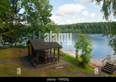 Pavillon zum Grillen im Wald am See im Sommer Stockfoto
