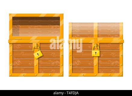 Öffnen und Schließen der Brust mit Vorhängeschloss. Storage für Gold und Geld. Hölzerne Schatztruhe. Vector Illustration im flachen Stil Stock Vektor