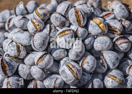 Gebratene Kastanien auf der Rua Augusta Fußgängerzone in Baixa von Lissabon, Portugal Stockfoto