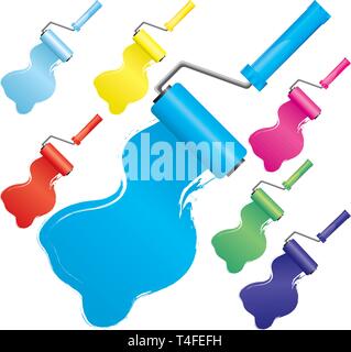 Set aus bunten Farbroller Bürsten, Teil 2, Vector Illustration. Umfasst Farben: Blau, Hellblau, Marine, Gelb, Rot, Pink, Grün. Stock Vektor