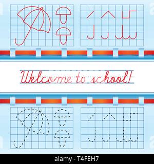 Welcome Card mit roter Schleife zur Schule, Vektor, Abbildung Stock Vektor