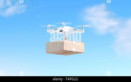 Leere weiße Quadrocopter auf Himmel Hintergrund mit Box mock up, Seitenansicht, 3D-Rendering. Leere wireless Hubschrauber fliegen mit dem Paket mockup. Klar techn Stockfoto