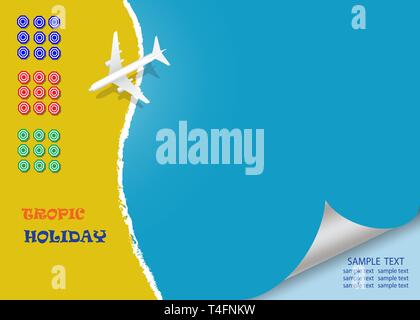 Reisen auf dem Tropic Reiseziele Vorlage Vektor mit dem Flugzeug nähert sich der Strand mit Sonnenschirmen. Vektor enthält Seite Effekt mit einer pl curl Stock Vektor