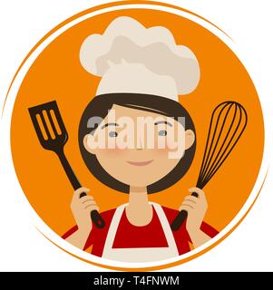 Kochen, Küche Logo. Süße Mädchen in Chef hat. Cartoon Vector Illustration Stock Vektor