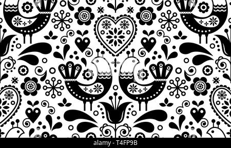 Skandinavische nahtlose Volkskunst Muster mit Vögel und Blumen, Nordic florale Dessin, retro Hintergrund in Schwarz und Weiß. Retro schwarz floral zurück Stock Vektor