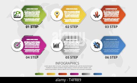 Moderne 3D-Vektor Illustration. Timeline Prozessablauf Infografik Vorlage mit sechs Elementen, Box, Optionen. Für Business, Banner entworfen, presentatio Stock Vektor