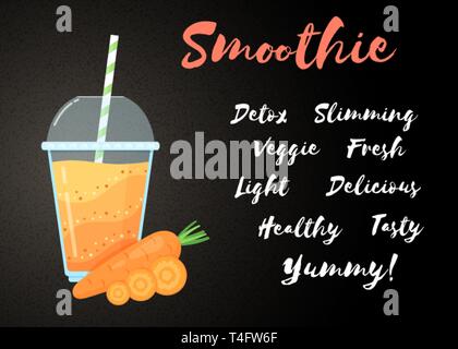 Orange natürlichen Smoothie Karotte schütteln Vector Illustration. Natürliche pflanzliche, Glas mit orange Schichten von smoothies Cocktail. Horizontale Poster mit großen Zeichen Smoothie für Fitness Startseite Konzept Stock Vektor