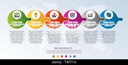 Moderne 3D-Vektor Illustration. Kreisförmige Infografik Vorlage mit sechs Elementen. Symbole und Text. Für Business, Präsentationen, Web Design Stock Vektor