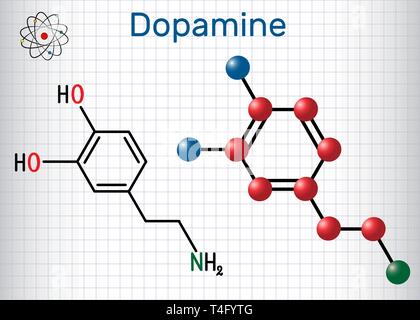 Dopamin (DA)-Molekül. Strukturelle chemische Formel und Molekül-Modell. Blatt Papier in einem Käfig. Vector Illustration Stock Vektor