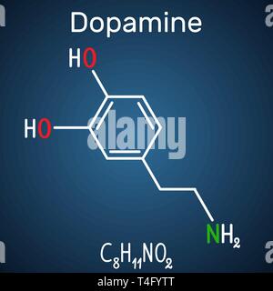 Dopamin (DA)-Molekül. Strukturelle chemische Formel und Molekül Modell auf dem dunkelblauen Hintergrund. Vector Illustration Stock Vektor