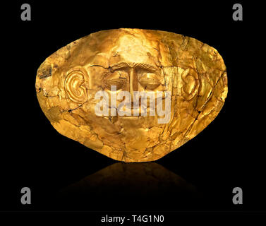 Goldtotenmaske von Grab Kreis ein, Mykene. 16. Jahrhundert v. Chr.. Die Maske ist von einer dünnen Schicht aus getriebenem Gold. 16. Jahrhundert v. Chr.. Athen Archaeologi Stockfoto