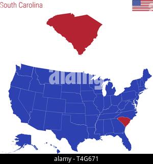 Der Staat South Carolina ist rot markiert. Blue Vector Karte der Usa, eingeteilt in verschiedene Staaten. Karte der USA aufgeteilt in Einzelteilen Stock Vektor