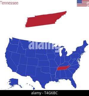 Der Zustand von Tennessee ist rot markiert. Blue Vector Karte der Usa, eingeteilt in verschiedene Staaten. Karte der USA aufgeteilt in einzelne Stock Vektor