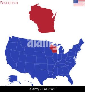 Der Zustand von Wisconsin ist rot markiert. Blue Vector Karte der Usa, eingeteilt in verschiedene Staaten. Karte der USA aufgeteilt in einzelne Stock Vektor