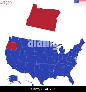 Der Staat Oregon ist rot markiert. Blue Vector Karte der Usa, eingeteilt in verschiedene Staaten. Karte der USA aufgeteilt in einzelne Sta Stock Vektor