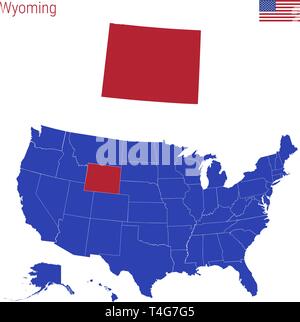 Der Zustand von Wyoming ist rot markiert. Blue Vector Karte der Usa, eingeteilt in verschiedene Staaten. Karte der USA aufgeteilt in einzelne St Stock Vektor