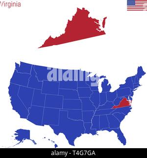 Der Staat Virginia ist rot markiert. Blue Vector Karte der Usa, eingeteilt in verschiedene Staaten. Karte der USA aufgeteilt in einzelne S Stock Vektor