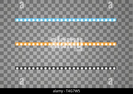 Leuchtende LED vector Streifen, Neon Beleuchtung auf transparentem Hintergrund, gelb, weiss, blau leuchtende Dekorative Bänder der Diode ökologische Lampen einstellen Stock Vektor