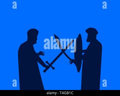 Die Schlacht von Schwertern. Silhouette von zwei Männern schlagen auf Schwerter. Mittelalterliche Duell. Vector Illustration Stock Vektor