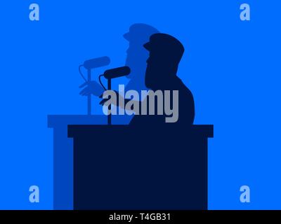 Ein Mann spricht in das Mikrofon vom Podium. Rede durch den Lautsprecher, militärdiktator. Die Kontur eines Mannes mit einem Schatten. Vector Illustration Stock Vektor