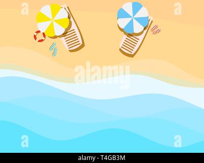 Strand, Meer mit Wellen. Liegestuhl mit Sonnenschirm und Sandalen durch das Meer. Vector Illustration Stock Vektor