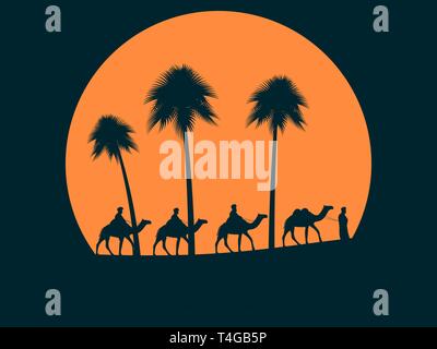 Camel caravan gegen Sonnenuntergang. Palmen auf dem Hintergrund der Sonne. Vector Illustration Stock Vektor