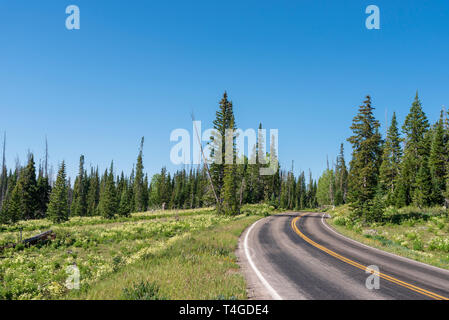 Zweispurige Straße durch grüne Felder und Wald geschwungene unter einem blauen Himmel gepflastert. Stockfoto