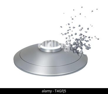 3D-Rendering von silber Metall UFO zerbrach in kleine Stücke auf weißem Hintergrund Stockfoto