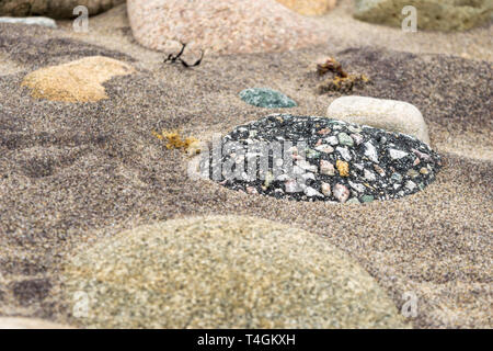 Schwarz klastische Sedimentgestein mit bunten Steinchen an einem Sandstrand Stockfoto